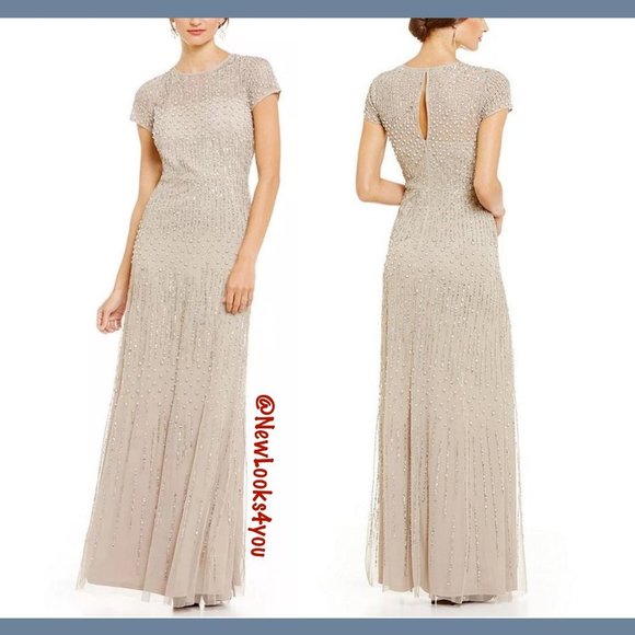 NEW $369 Adrianna Papell Pearl Embellished Mesh Long‎ Gown [ SIZE 2 4P ] #N378 - Picture 1 of 12